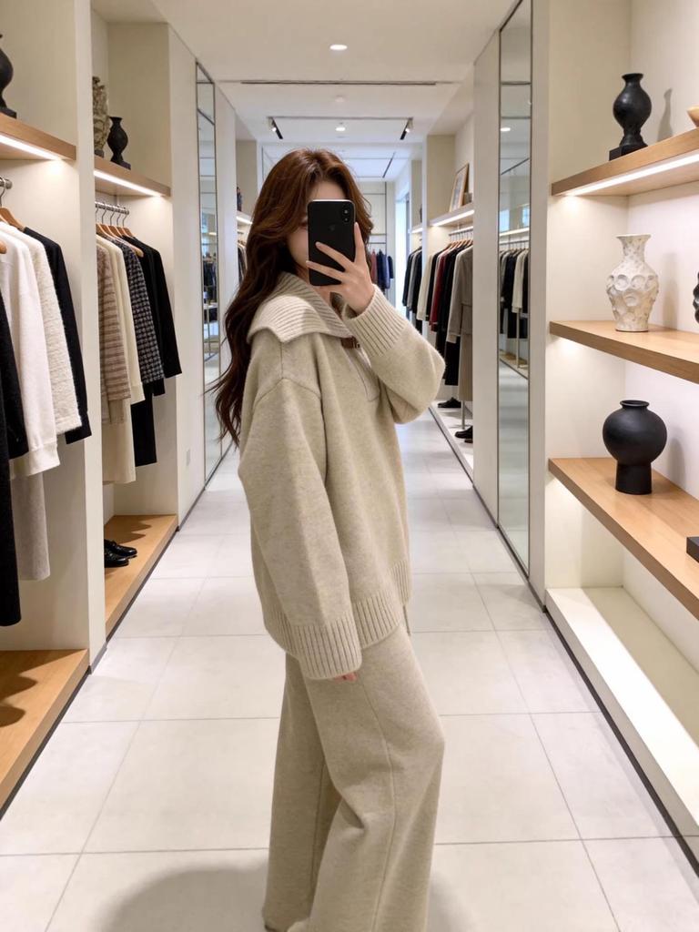 Korean Style Women's Winter Knit Two-Piece Set: Age-Reducing Elegant Sweater & Loose Wide-Leg Pants