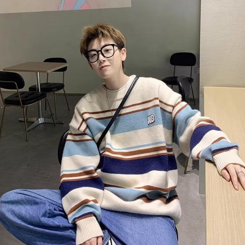 Pulover pentru bărbați cu dungi largi, cu decolteu, toamnă, supradimensionat, tricotat, iarna, tricotaje calde