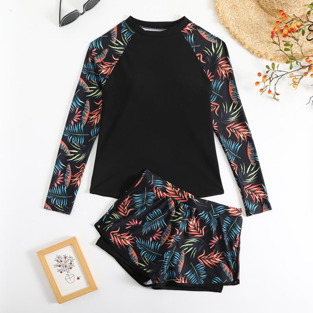 Vintage Black Leaves Print Two Piece Swimsuit Women Long Sleeve Sports T Shirts High Waist Swimwear Beach Surf Bathing Suit