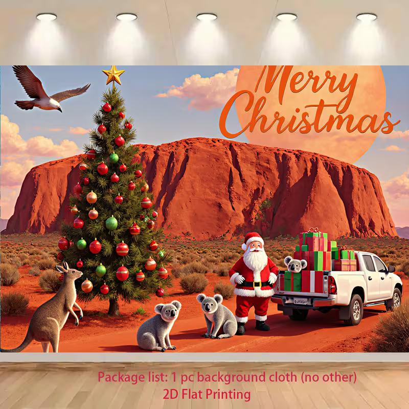 2D Australian Style Celebration Backdrop, Desert Christmas with Santa & Wildlife Party Photo Background 47.2x31.5inch/120*80cm