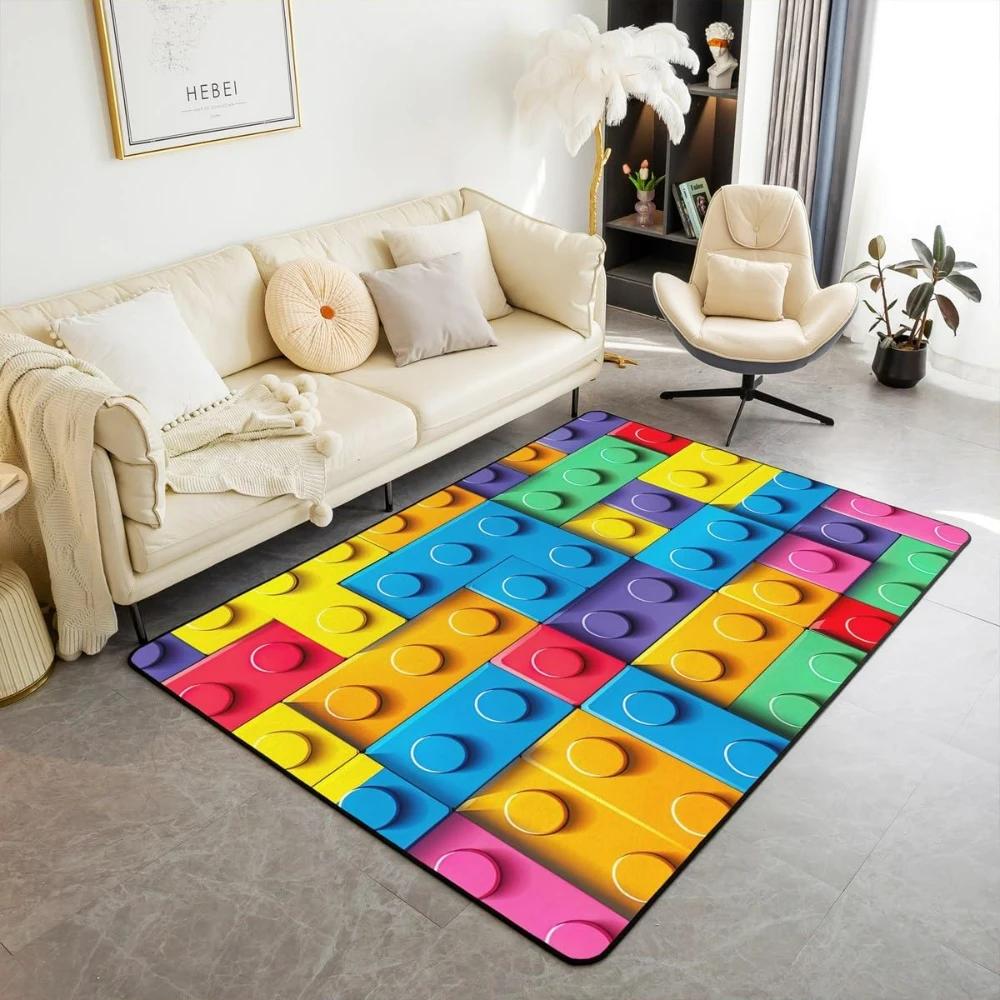 Rainbow Building Blocks Inspired Carpets for Living Room Decor Construction Carpet for Boys Girls Bedroom Washable Entrance Rug