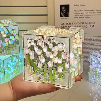 Tulip Mirror Cube Lamp Simulation Flower Bedroom Sleeping Table Lamp Handmade DIY Craft Tulips Mirror Night Light Birthday Gifts
