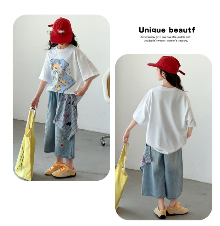 Girls' Summer Set 2026 New Style Children's Fashionable and Stylish Medium to Large Children's Loose Short sleeved Cowboy Shorts Two Piece Set