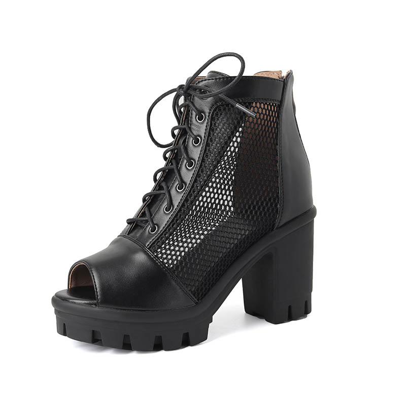 

Женские босоножки на высоком каблуке для весны и лета, водонепроницаемая платформа, толстый каблук, большой размер, сетка, рыбий рот, сетчатые сапоги 42 чёрный