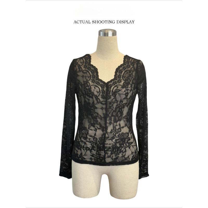 Sexy Single-layer Lace-trimmed Base Tops for Spring and Autumn Women's T-Shirts