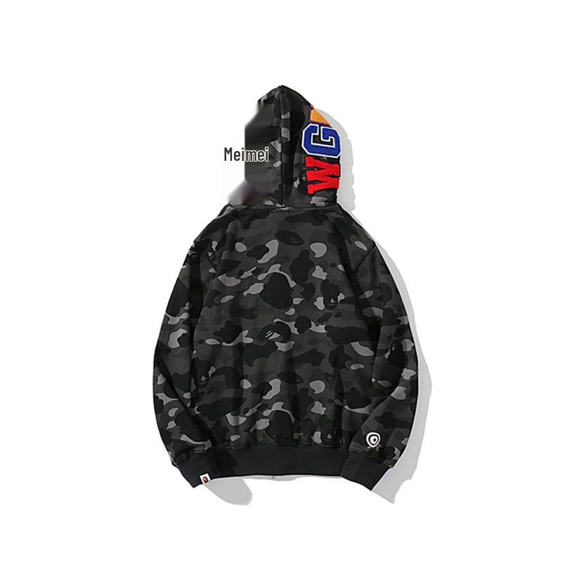 Camouflage Shark Tiger Head Double Hoodie Men's Winter Plush Zipper Jacket