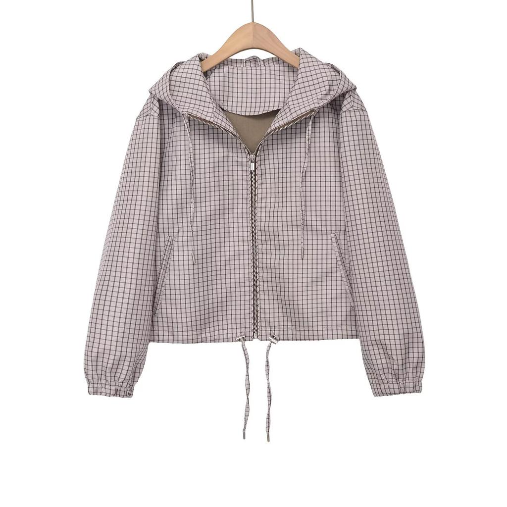 Frühling 2026 neue europäische und amerikanische grenzüberschreitende Damenbekleidung Streetwear karierte Kapuzenjacke w027 1226