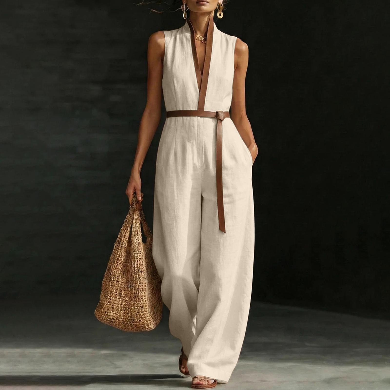 

Sleeveless Wide Leg Jumpsuit for Women with Belt Deep V Neck Relaxed Fit Full Length Outfit for Daily Wear M білий