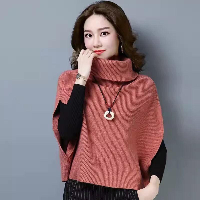 Knitted Sweater Vest Women's Korean Style Loose Bat Sleeve Solid Color High Collar Fashionable Casual Top