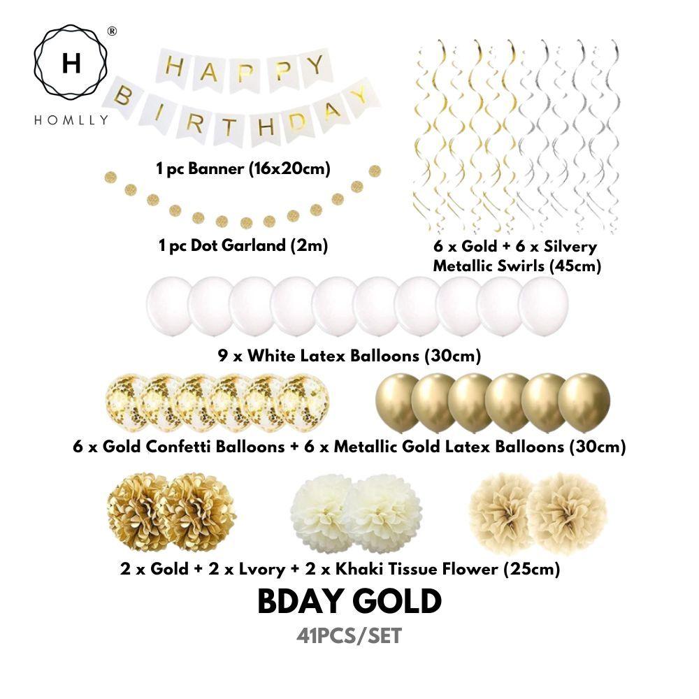 Homlly Happy Birthday Halloween New Year Party Decorations with Banner, Paper Flowers, Latex Balloons, Hanging Swirls Bday Gold