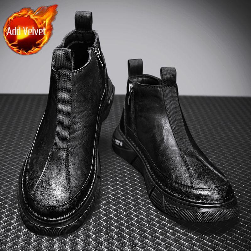 Male Casual Boots Thick Sole Platform Brown Round Toe Velvet Men's Leather Chelsea Shoes Classic Original Low Price In Promotion