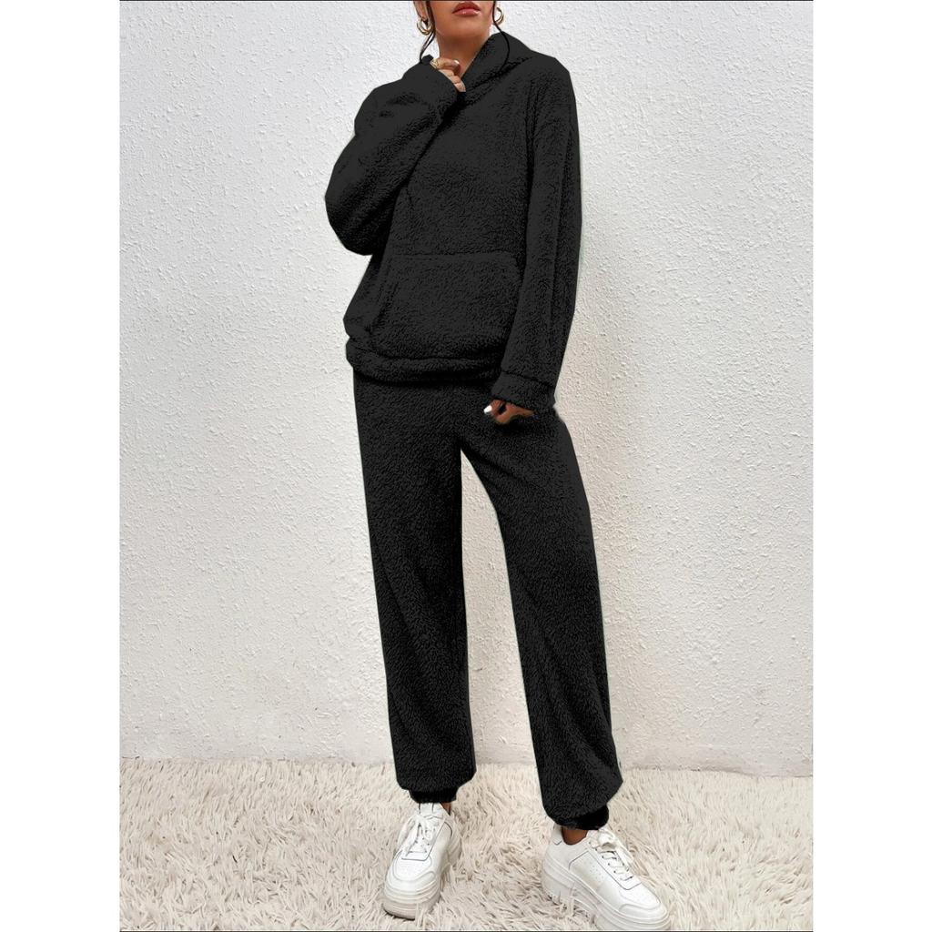 Autumn and Winter Solid Color Women's Clothing, Hooded Long Sleeved Patch Pocket Casual Pants Home Two-piece Set