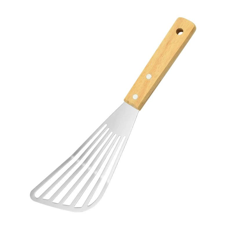 1PC Wooden Handle Non-slip Stainless Steel Kitchen Frying Spatula Cookware Frying Fish Spatula Frying Shovel Leaky Shovel