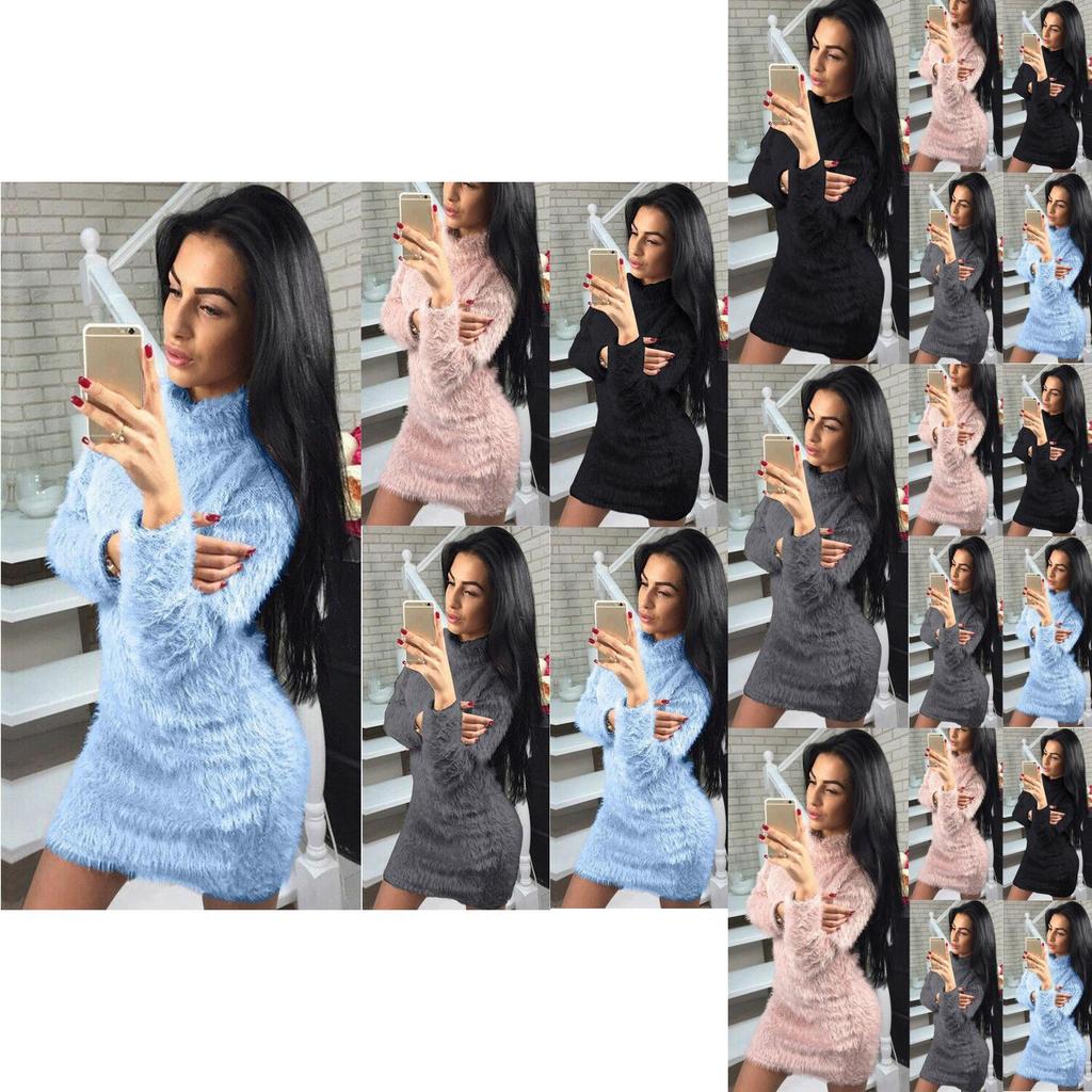 Women Long Winter Sleeve Fluffy Sweater Tops Ladies Party Bodycon Dress Jumper