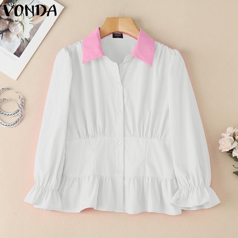 VONDA Women Elegant Lapel Neck Puff 3/4 Sleeve Button Ruffled Slim Waist Casual Blouse