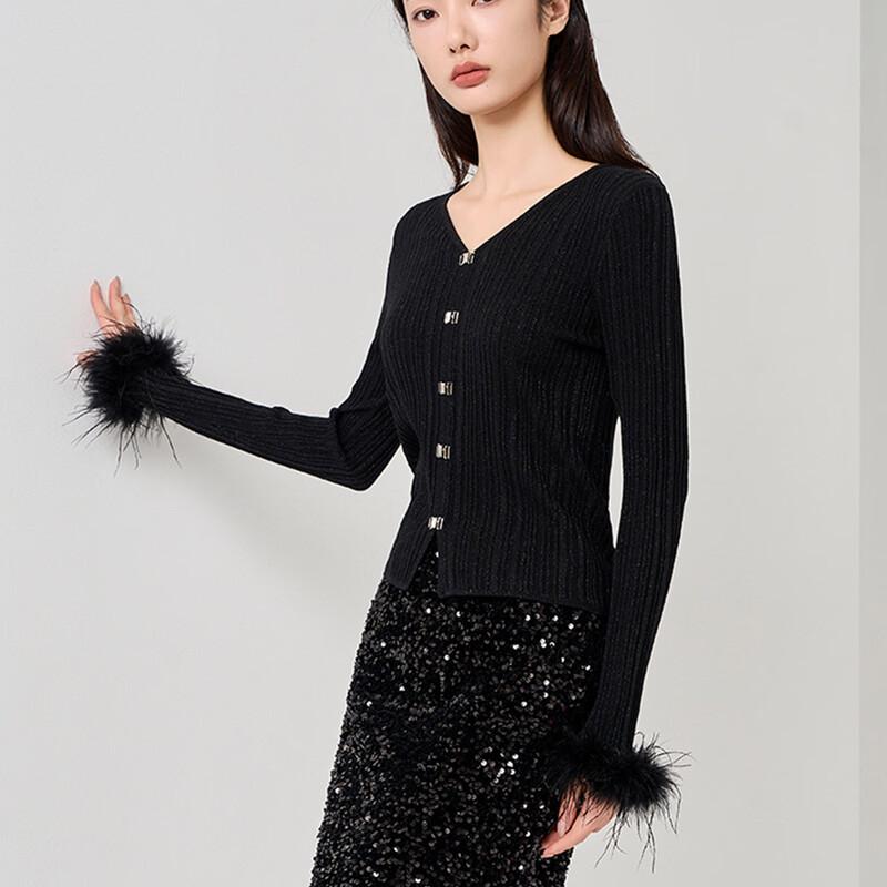 

Iveni Women s Autumn Sweet Style Raw Edge V-Neck Knit Sweater L