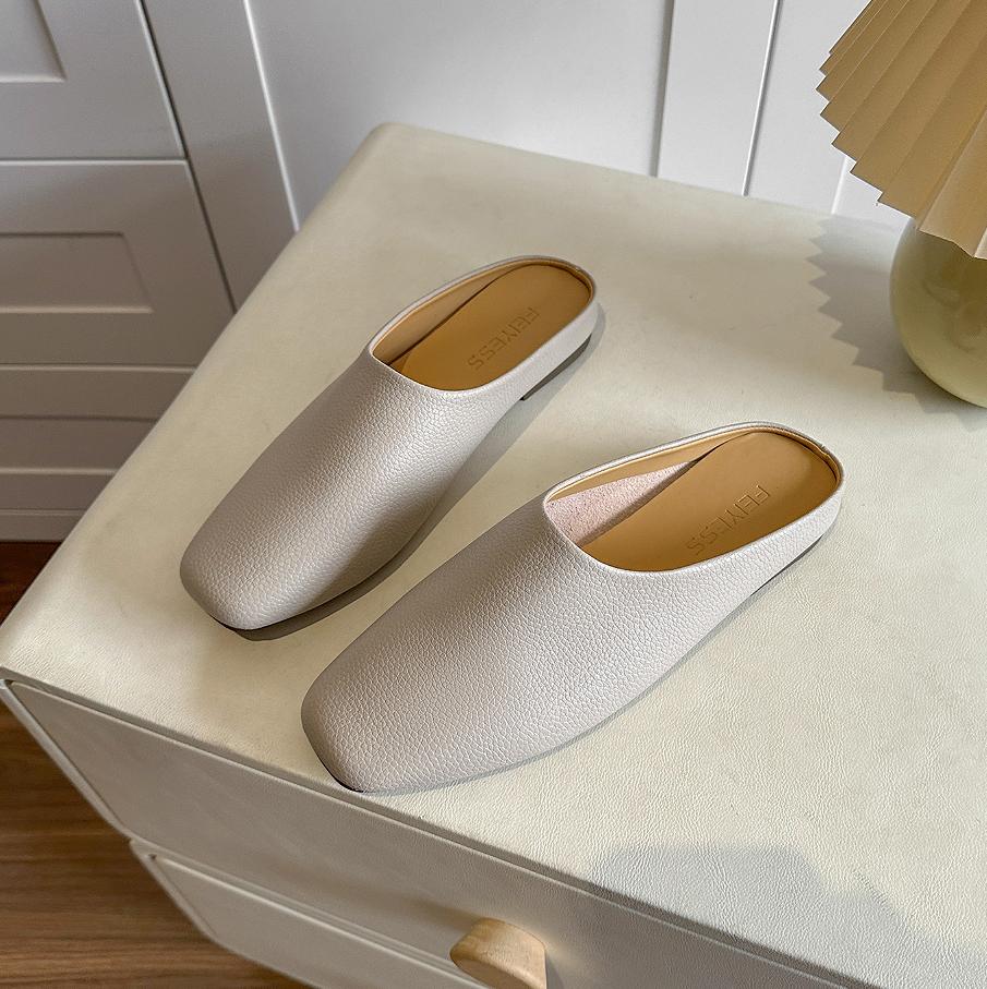 Genuine Leather Slippers Women's Summer Outer Wear Flat Bottomed Casual Muller Bag Head Half Slippers Mules Women's Flat Shoes