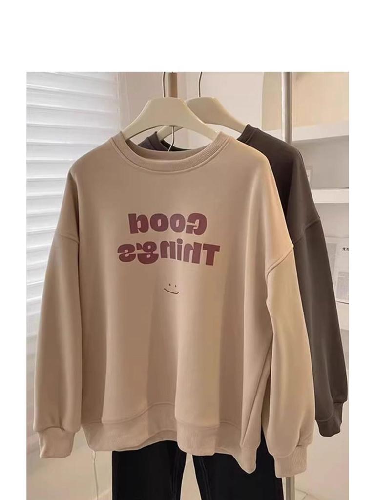 2025 American Retro Oversized Milk Tea Sweatshirt - Women's Round Neck, Thin for Spring & Autumn