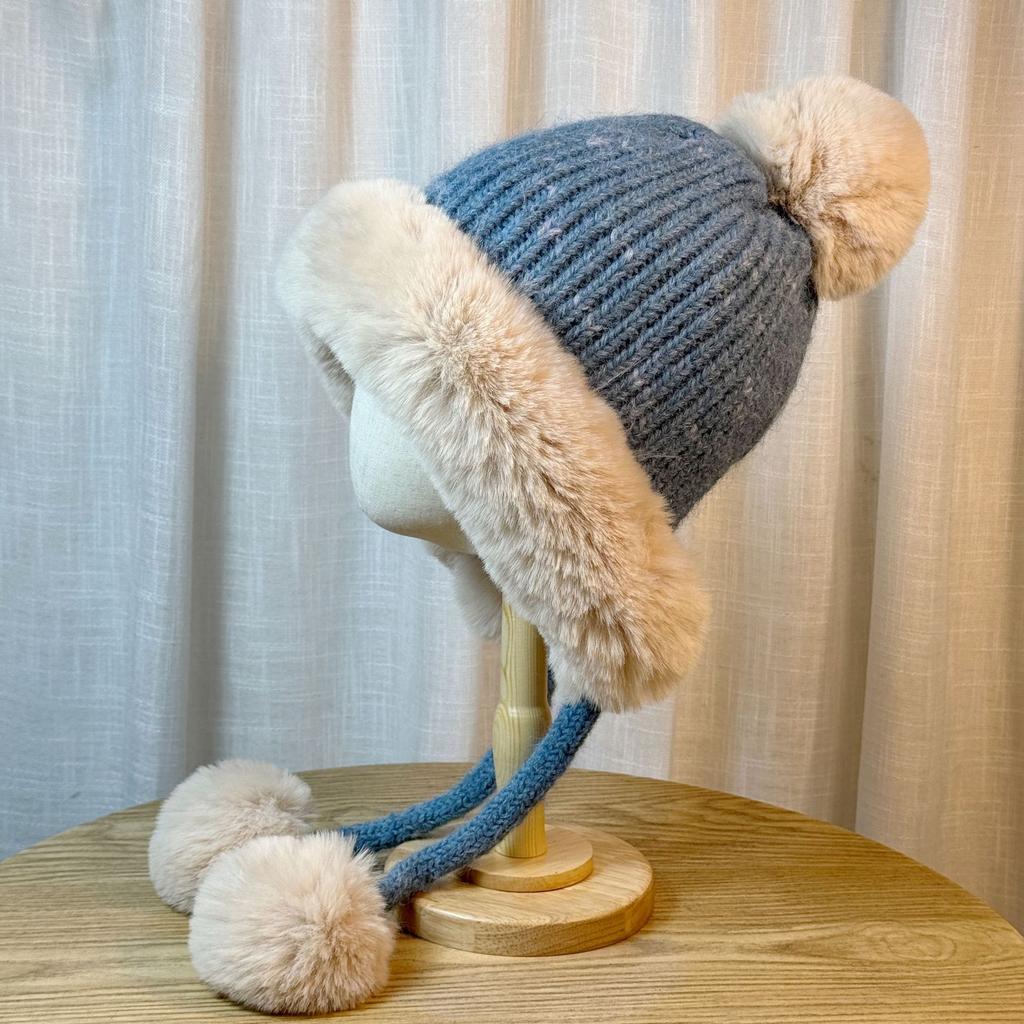 Cute Fur Ball Ear Protection Hat for Women In Autumn and Winter Thickened Knitted Versatile Face Showing Small Woolen Hat Outdoor Warm Lei Feng Hat