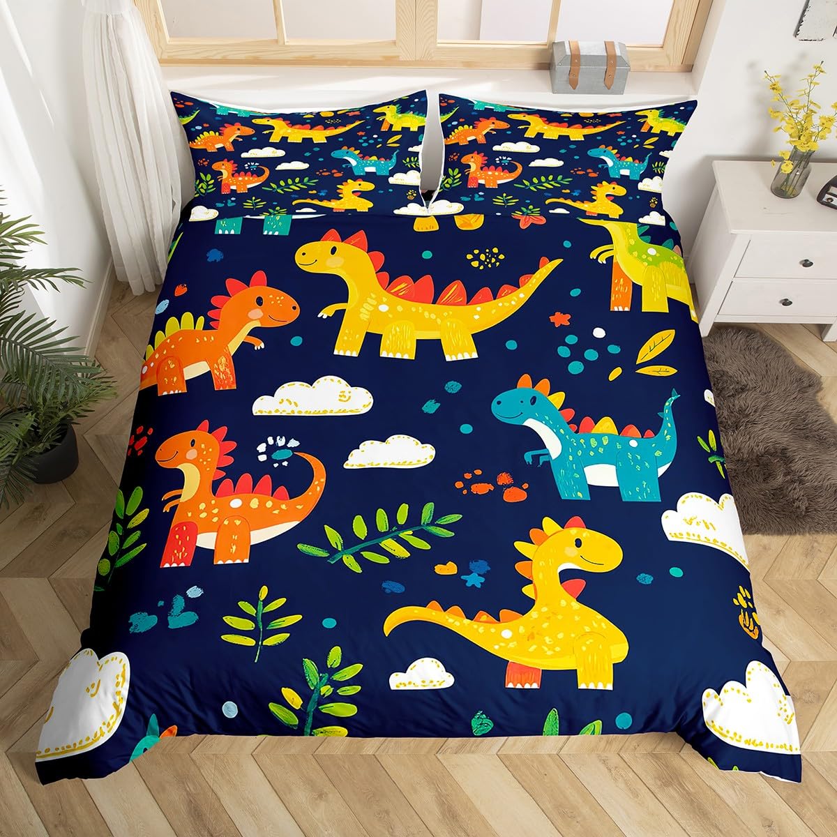 Cartoon Dinosaur Duvet Cover Full Queen Dinosaur Pattern Comforter Cover for Boys Child Bedroom Lovely Animal World Bedding Set EU Single(135x200cm)