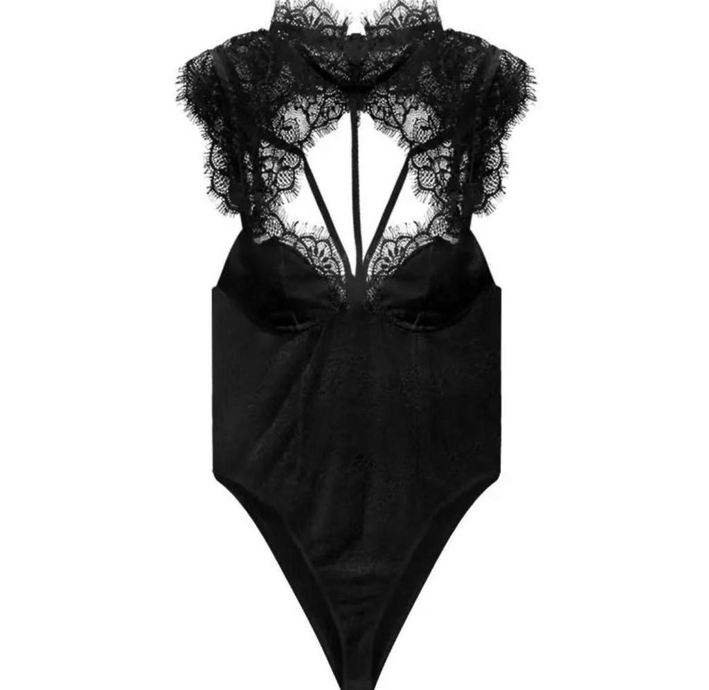 2024 European & American Spring/Summer Sexy Wild Round Neck Eyelash Lace Bodysuit