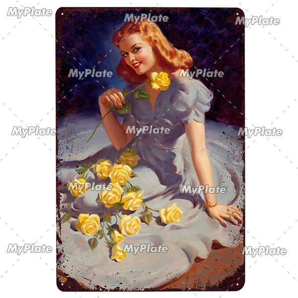 Beauty Woman Metal Sign Bar Pub Decor Plaque Metal Vintage Crafts Home Decor Painting Plaques Art Pinup Poster