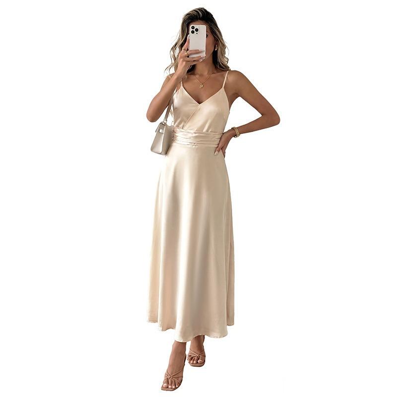 Women Satin Spaghetti Strap High Waist Solid Color Elegant Long A Line Dress