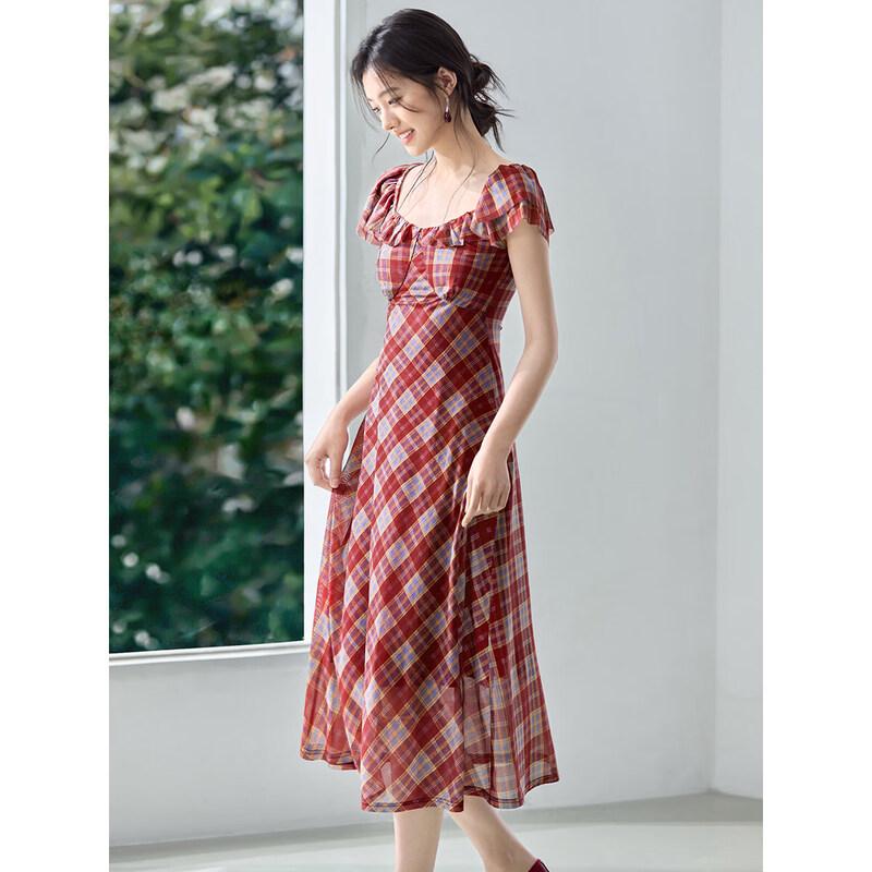 2026 Summer Plaid Ruffle Neck A-Line Dress 2XL