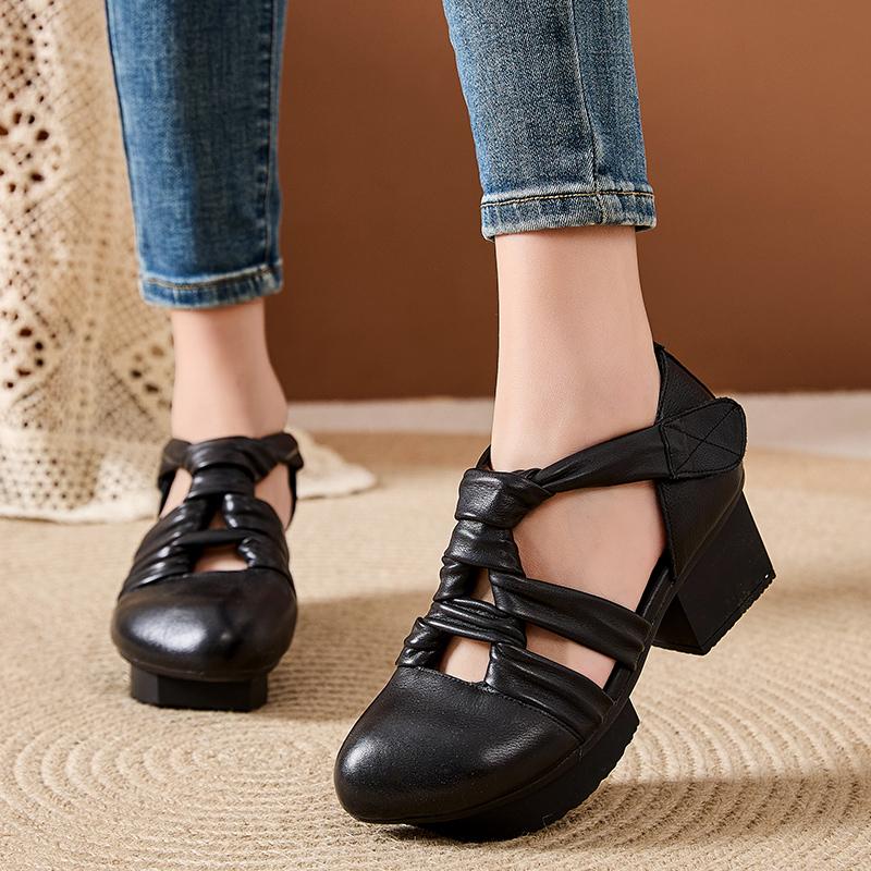 GKTINOO 2025 New Women Sandals Summer Genuine Leather Woven Gladiator Sandals Retro Style Round Toe Casual High Heel Shoes