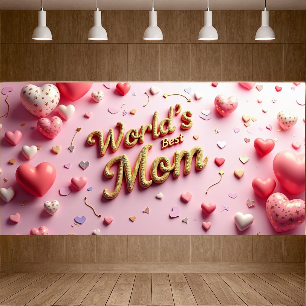 World's Best Mom Banner Heart Shaped Happy Mother's Day Party Decor Photography Background Props Family Gathering Event Backdrop