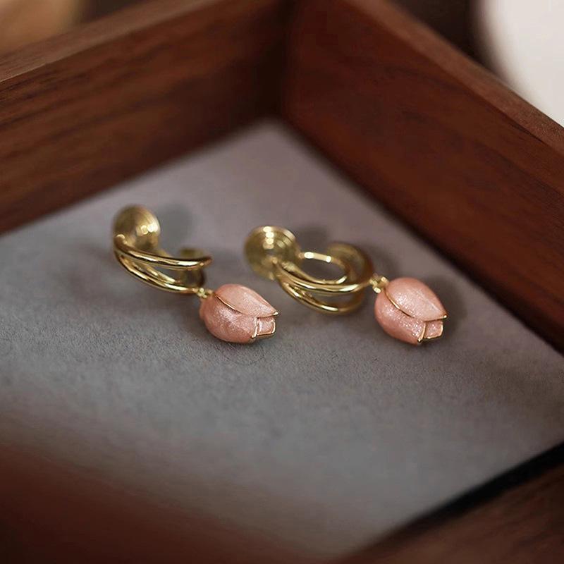 Luxury Europe and America, flower earrings, pink tulip oil earrings, high temperament sweet girl earrings