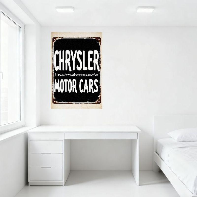 Vintage Chrysler Motor Cars Metal Sign with URL - Playful White Bold Font On Black Background, Rusted Brown Border with 4 Holes