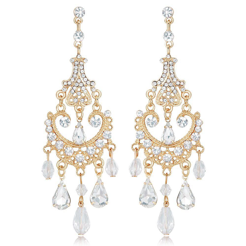 Exaggerated Crystal Golden Long-style Bridal Earrings for Wedding Ceremony and Banquet Dress Accessories