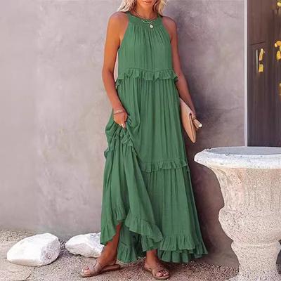 Women Summer Dress Neck Sleeveless Pleated Off Loose Solid Color Ruffle Halter Shoulder Patchwork Vacation Beach Maxi