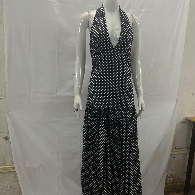 European and American neck hanging polka dot print deep V retro slim fit sexy backless jumpsuit long skirt