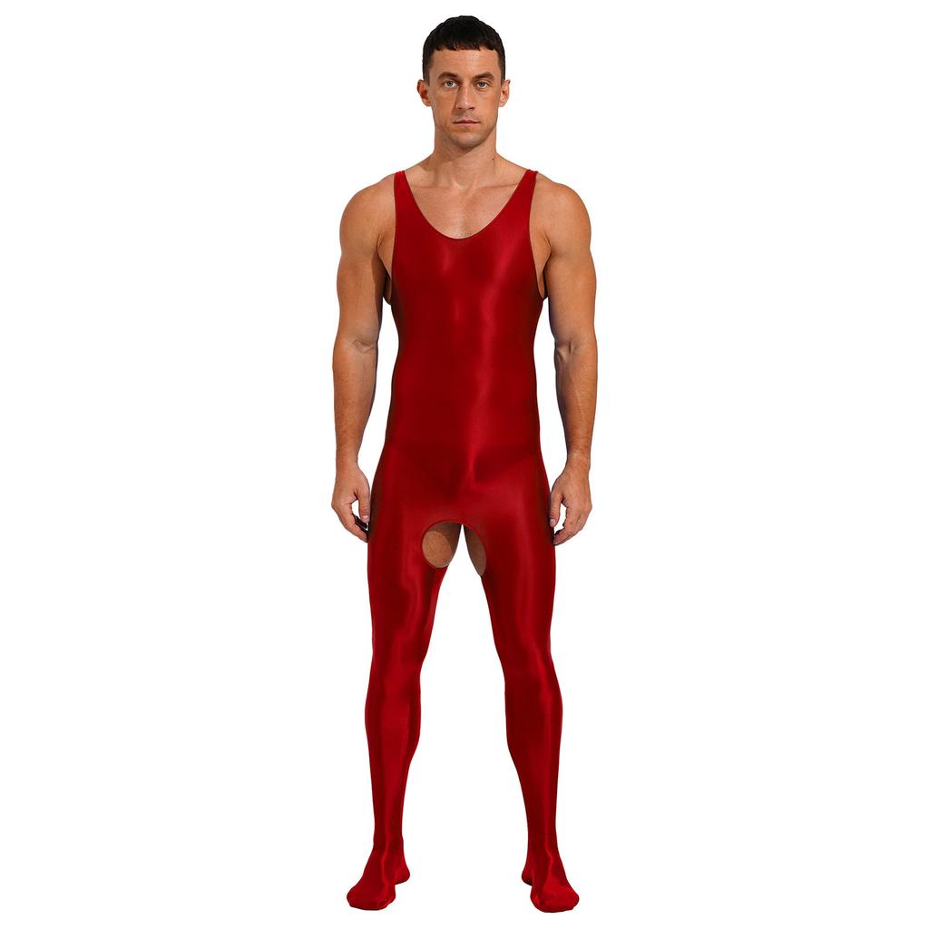 Herren-Dessous, glänzend, glatt, dehnbar, ärmellos, U-Ausschnitt, offener Schritt, Ganzkörper-Bodysuit mit Füßen
