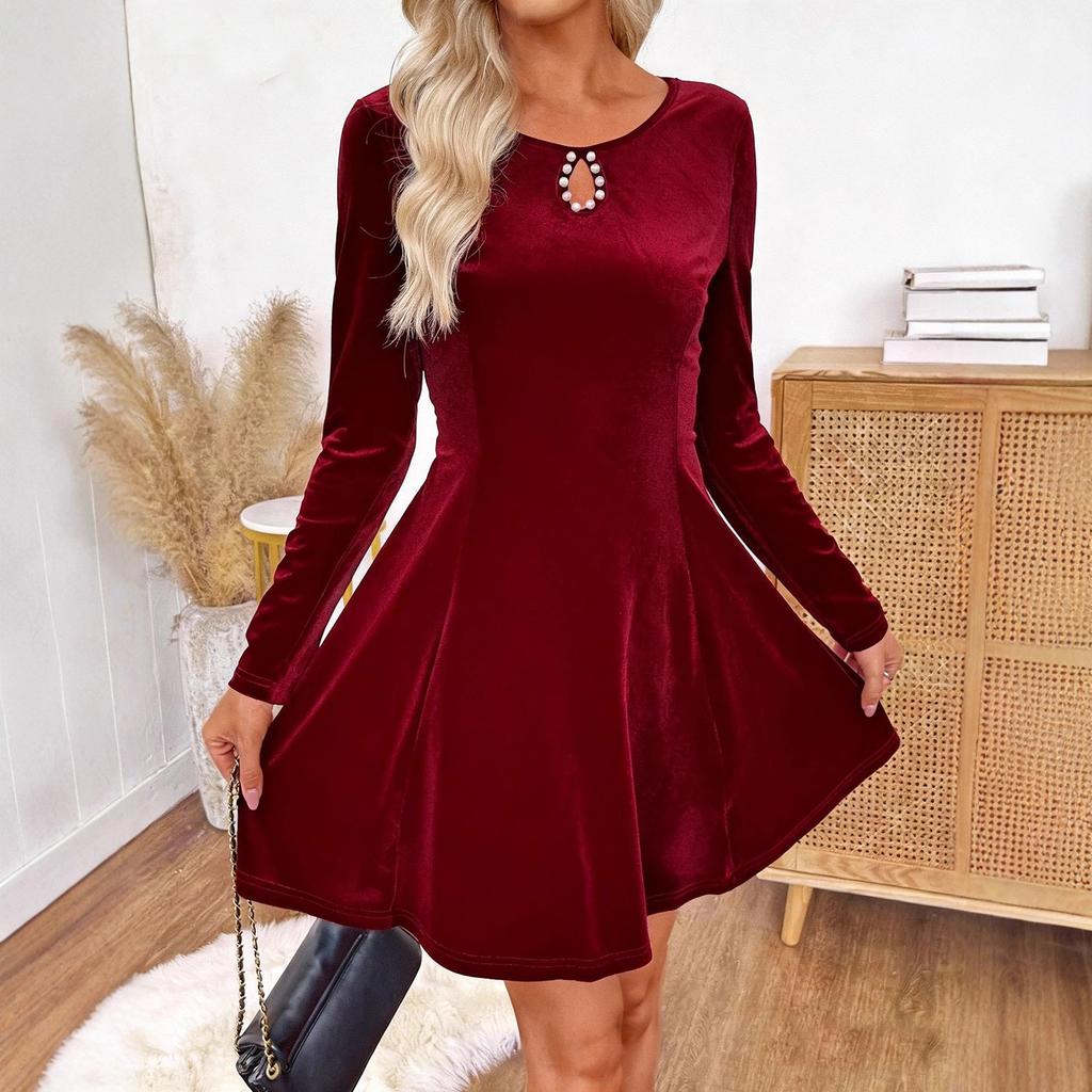 Damen Samt Minikleid mit Schlüssellochausschnitt, Perlenverzierung, langen Ärmeln, elegantem Vintage A-Linien Kleid