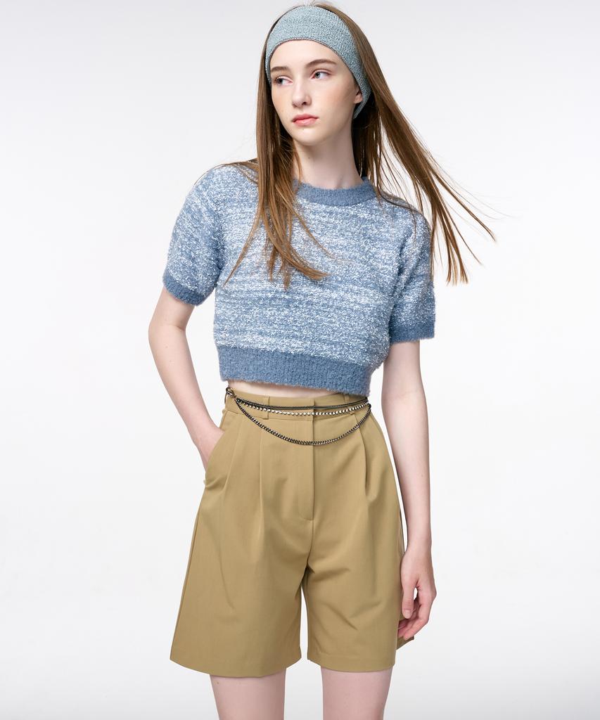 ETMON Color Blend Short Sleeve Knit Top Grayish Blue
