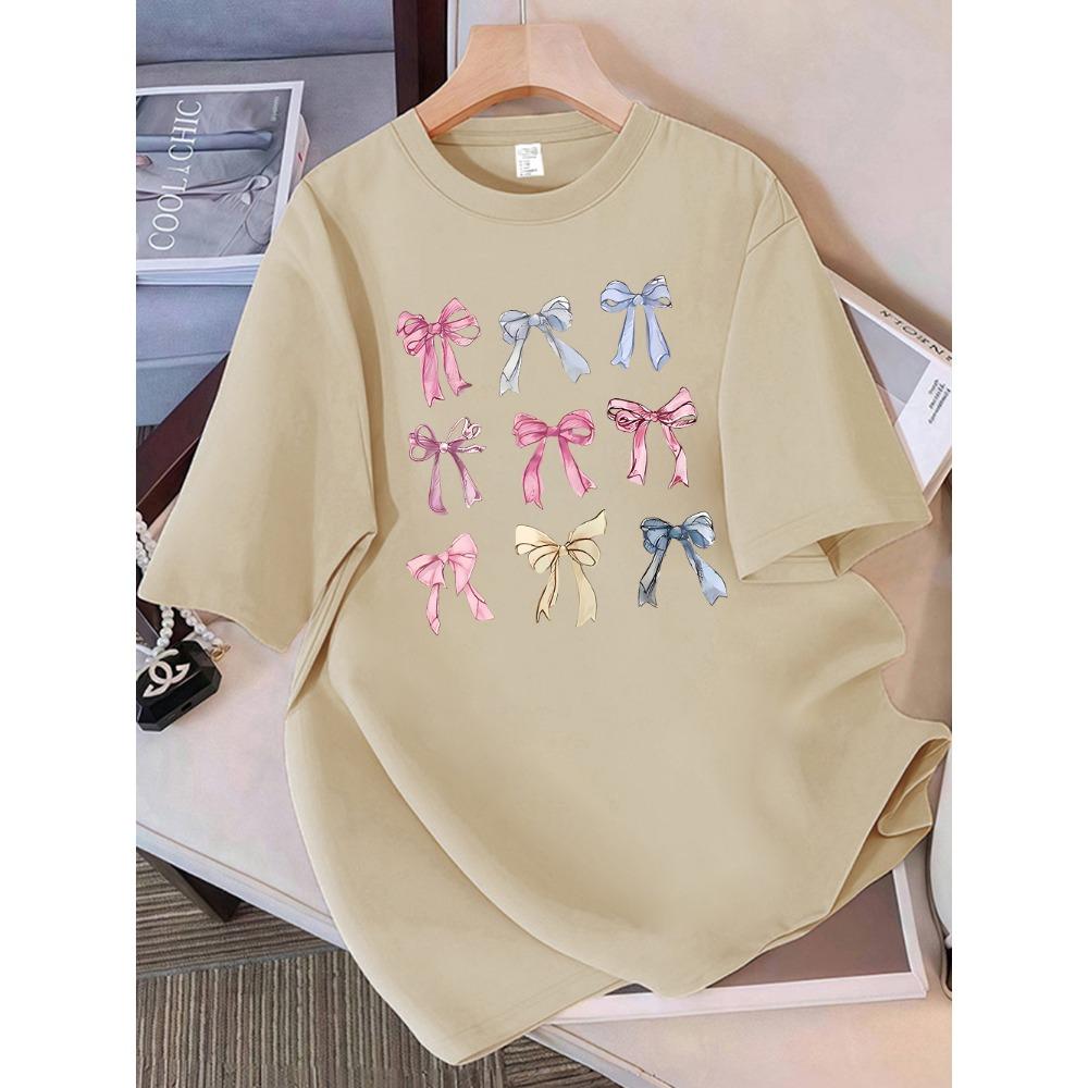 Summer T-shirt Women's Colorful Bow Printed Short Sleeve Comfortable Soft Round Neck Top Holiday Casual Women's Clothing