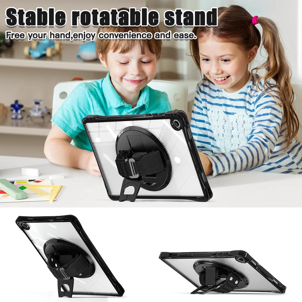 For Samsung Galaxy Tab A9+ SM-X210/X216/X218 Case Hand Strap Kickstand PC+TPU+Acrylic Clear Tablet Cover