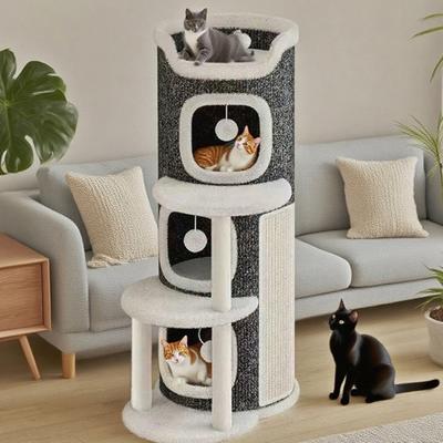 Cat Climbing Tower Cat Scratching Barrel with 3 Cat Caves Sisal Scratching Pad Multi-tier Cat Play Tower for Multi-cat Family