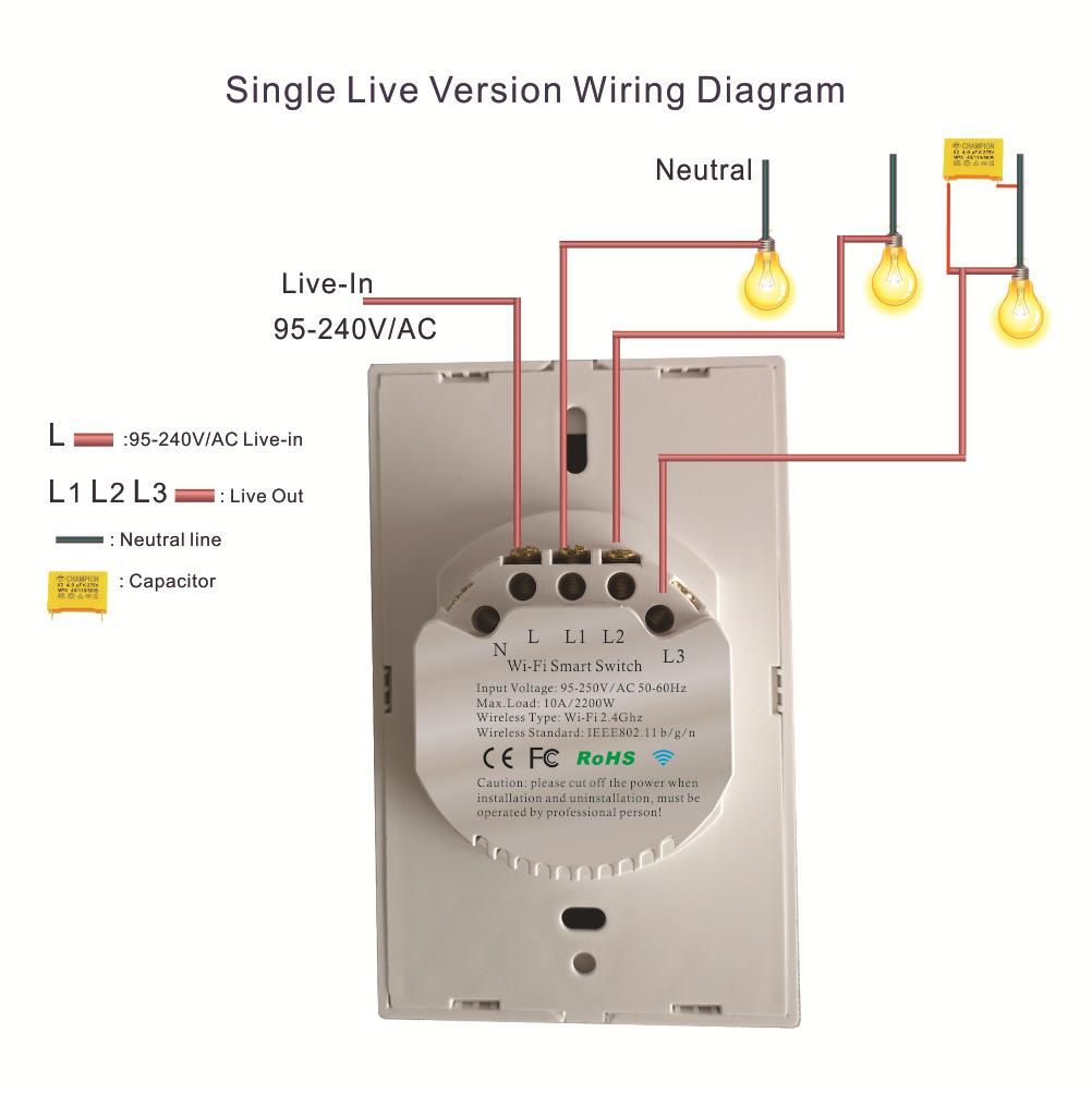 1 Gang Live Line Smart Life ABS WiFi US Type Touch Wall Panel Switch 220V 10A with Voice Control IP20