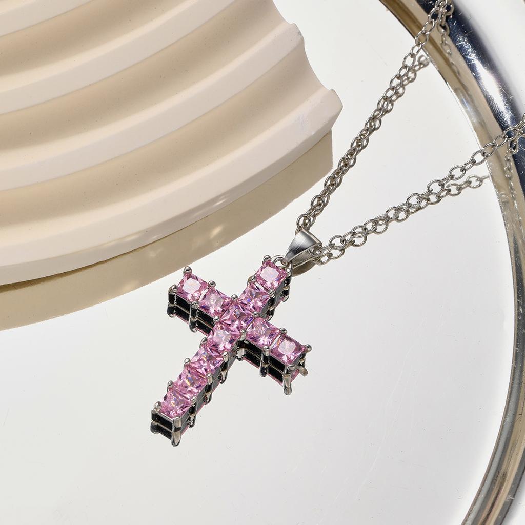 Fashion Colorful Zircon Cross Pendant Necklace For Women Stainless Steel  Color Charm Religious Necklaces Jewelry Gifts