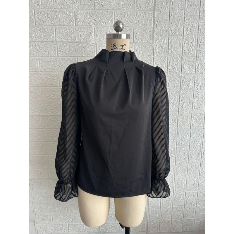 Half High Collar Long Sleeve Wavy Splicing Blouse Elegant Women Spirng Autumn Shirt Ladies Solid Color Loose Tops Sweet Simple Office Pleated Clothing