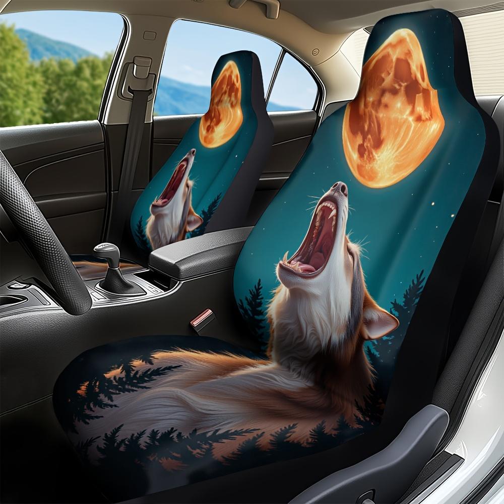 2pcs Howling Wolf Car Seat Covers - Durable Fabric, Soft & Comfortable, Easy To Install, Universal Fit For Cars, SUVs, Sedans, T