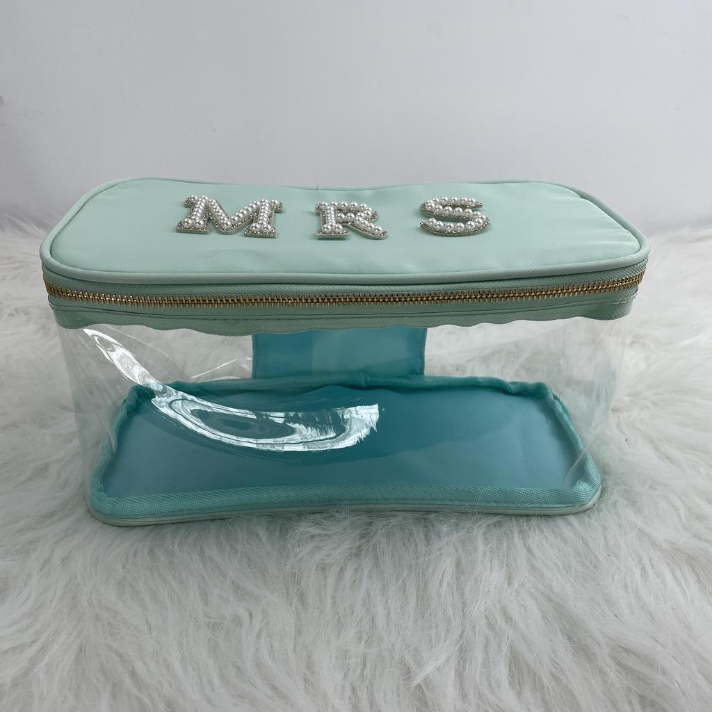 Low MOQ Stock MONOGRAM CLEAR Women Girls COSMETIC BAG CUTE Zip POUCH Make up Bag WITH GLITTER LETTER Decoration