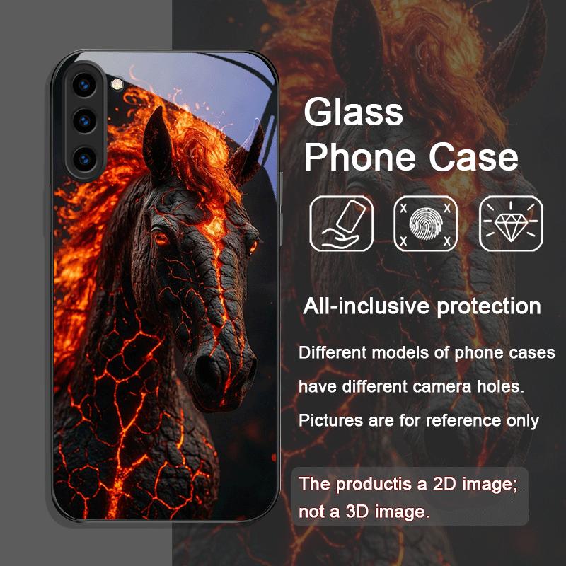 Kreatywne etui ze szkła hartowanego z wzorem czarnego konia i płomieni dla Samsung Galaxy S25 Ultra S24 S23 Plus S22+ S21 S20 FE 5G