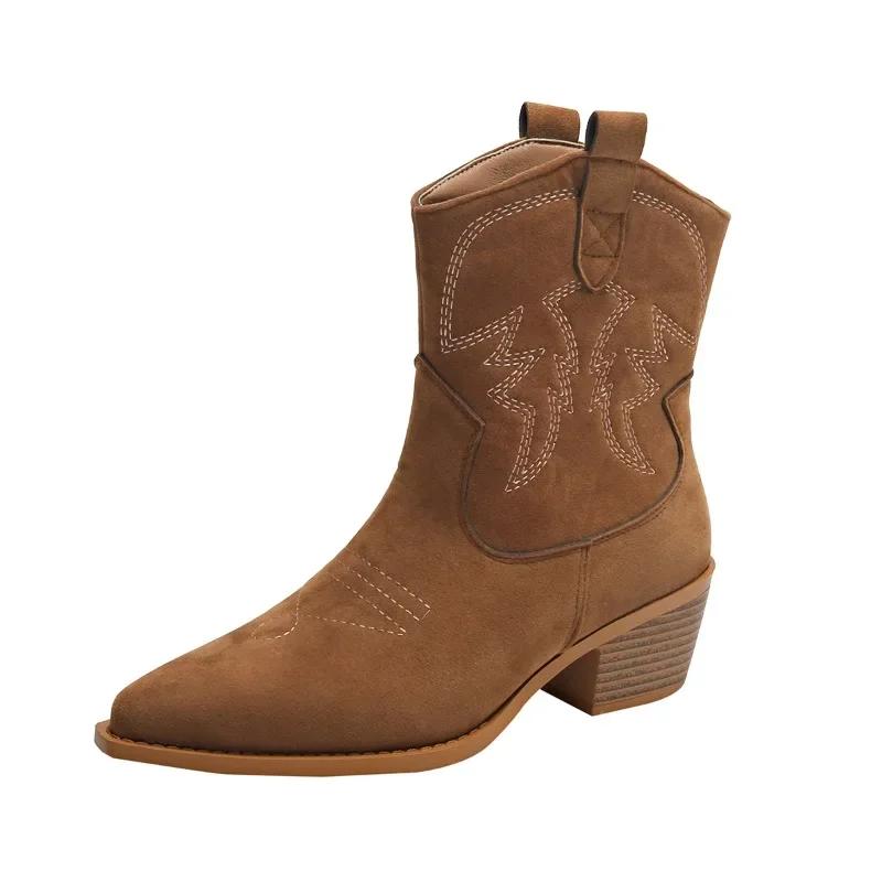 New Pointed Coarse Heel Large Western Cowboy Short Boots Embroidered Brown Women's Shoes and Ankle Boots for Women