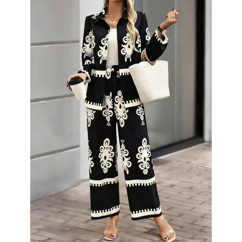 Women's Loose Fit Two Piece Outfit Long Sleeve Printed Shirt Elastic Waist Wide Leg Pants Set