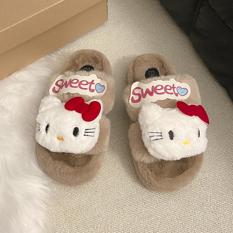 Apple green Kitty cat fluffy slippers girl autumn and winter lazy person wearing versatile thick-soled cotton slippers